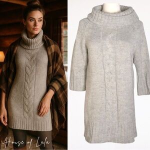 Wool Blend Gray Cable Knit Sweater Turtleneck Tunic Mini Dress. Size Small.